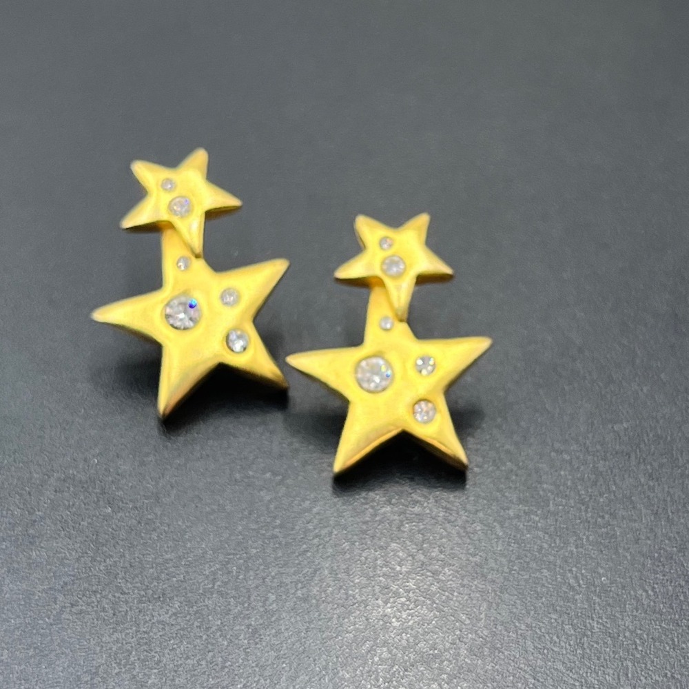 Kenneth Lane KJL Vintage Matte Gold Crystal Star Drop Dangle Pierced earrings